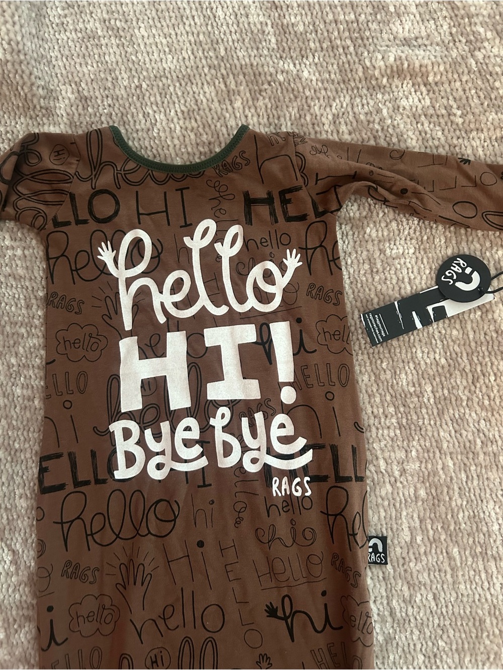 RAGS Brown 'Hello Hi Bye Bye' baby knotted gown